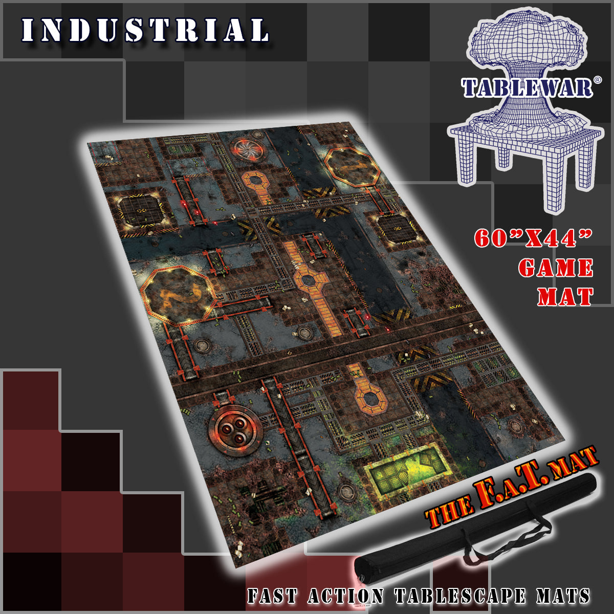60x44 inch gaming mat with a Industrial City theme, marketed for tabletop gaming, accompanied by a black canvas zipper bag TableWar neoprene Tournament Tabletop warhammer Game mat