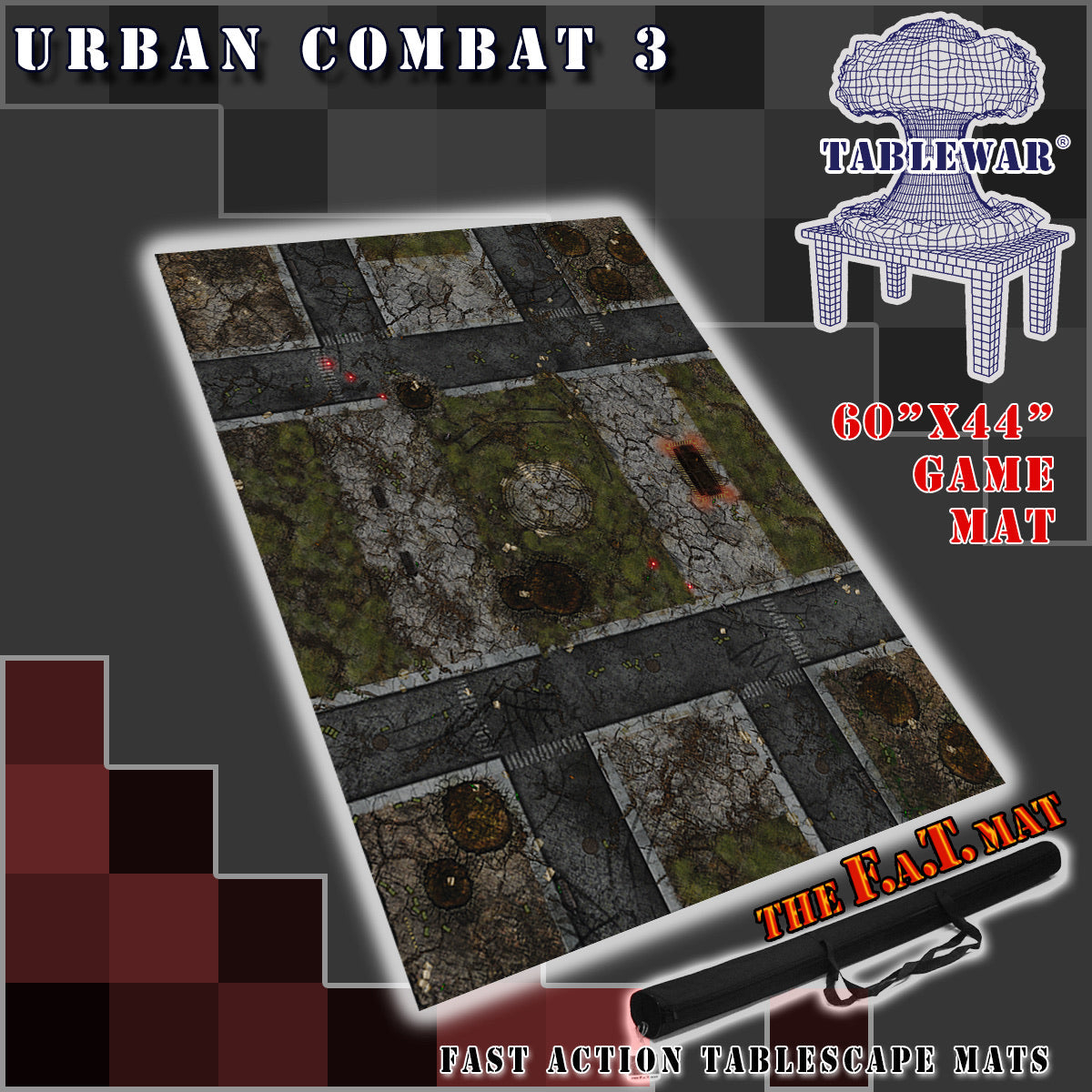 60x44 inch gaming mat with a Urban Combat City theme, marketed for tabletop gaming, accompanied by a black canvas zipper bag TableWar neoprene Tournament Tabletop Game mat warhammer