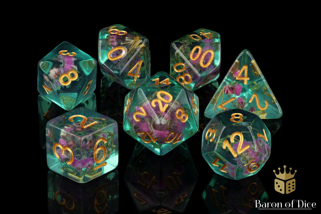 Teal With Purple Flower, Polyhedral Dice Set