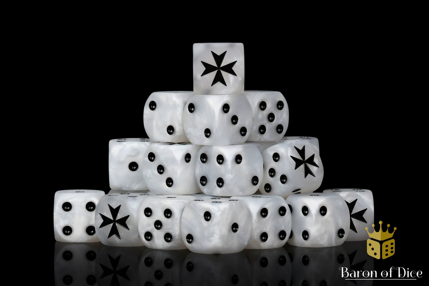 Pyramid of dice with Maltese cross design on a black background, featuring 'Baron of Dice' branding.