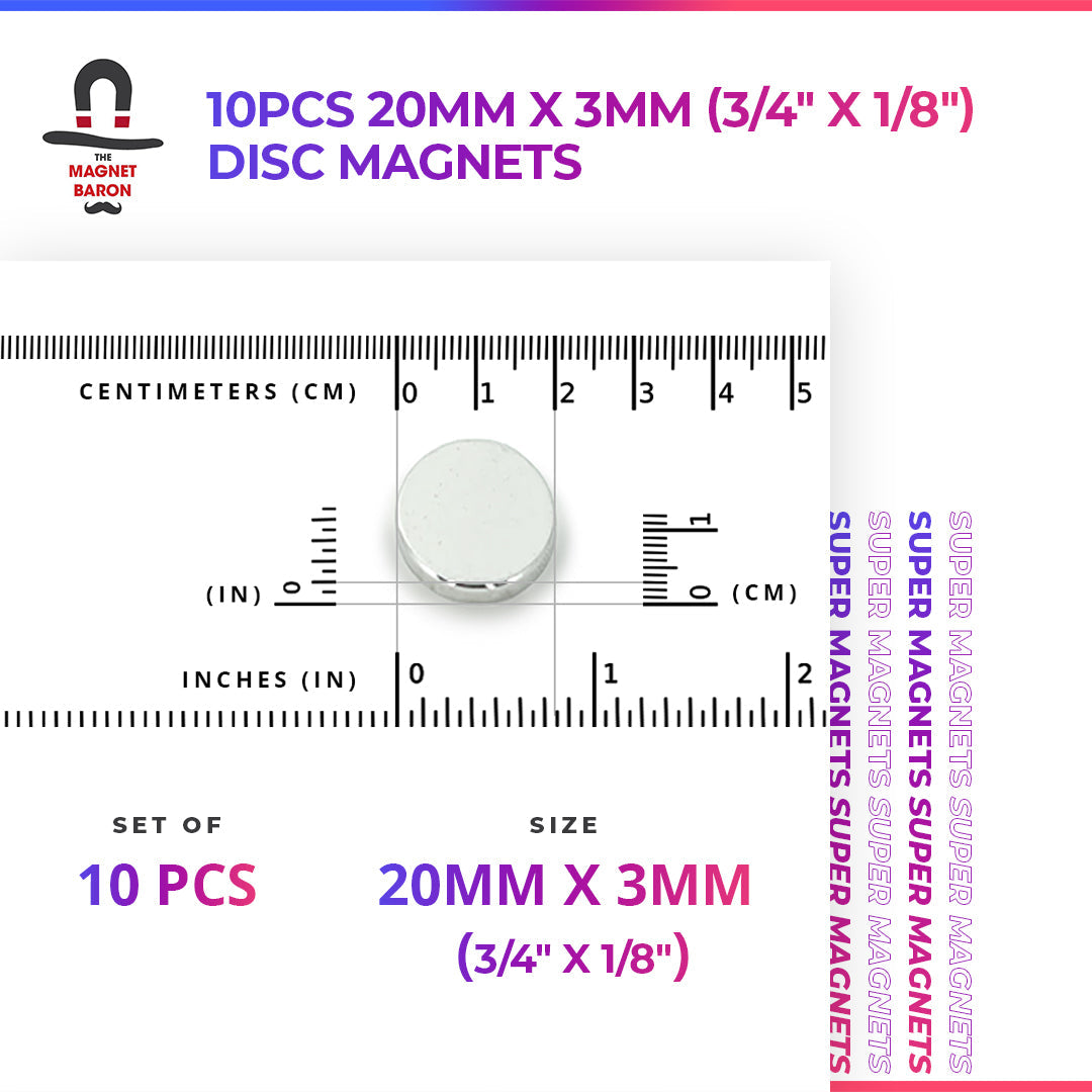 10pcs 20mm x 3mm (Approximately 3/4" x 1/8") Disc Magnets