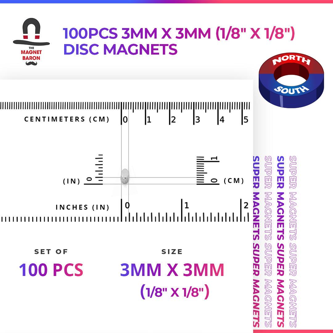 Special - Diametrically Magnetized - 100pcs 3mm x 3mm (1/8" x 1/8") Disc Magnets