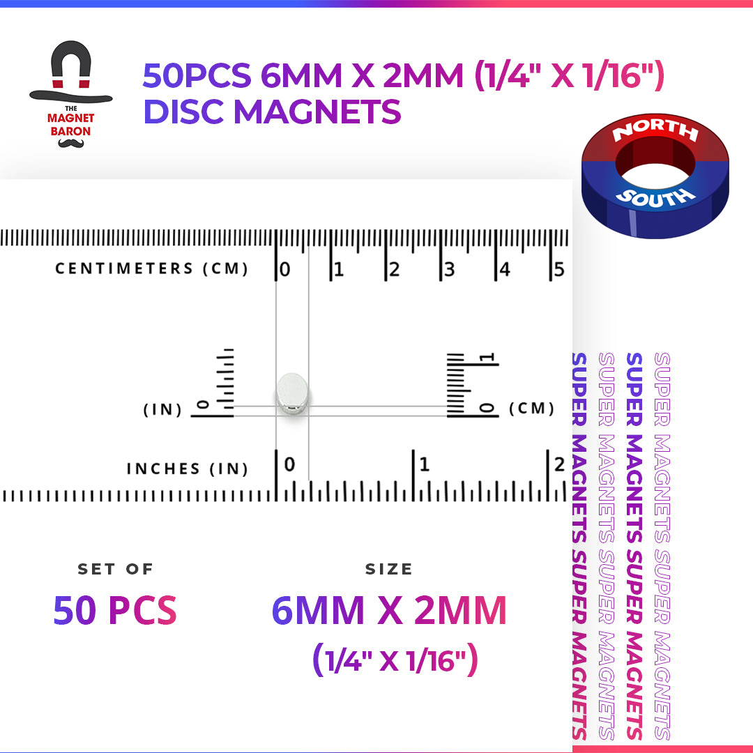 Engineering-Special - Diametrically Magnetized - 50pcs 6mm x 2mm (1/4" x 1/16") Disc Magnets