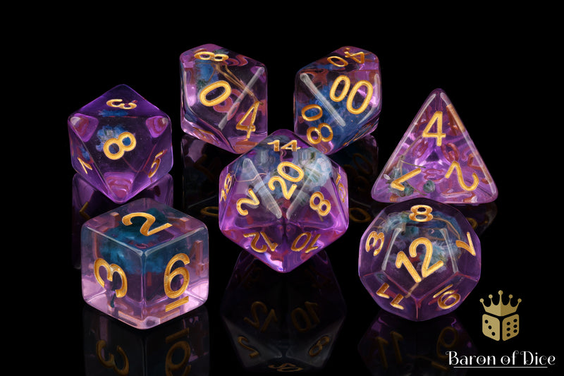 Purple With Blue Flowers, Polyhedral Dice Set