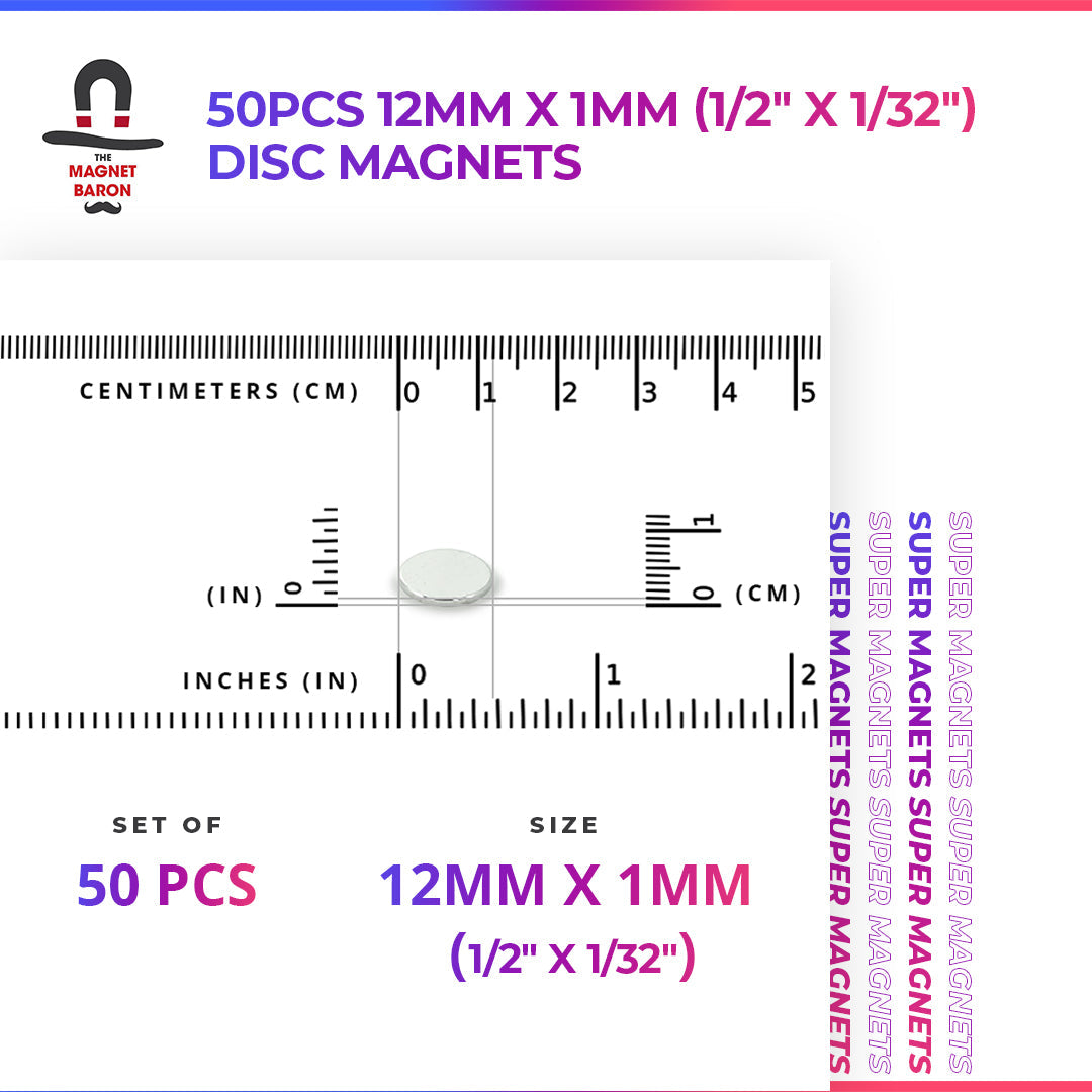 50pcs 12mm x 1mm (Approximately  1/2" x 1/32") Disc Magnets