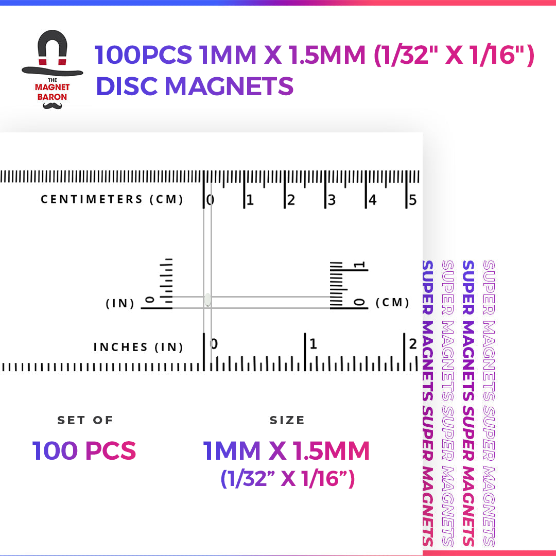 100pcs 1mm x 1.5mm (Approximately 1/32" x 1/16") Disc Magnets