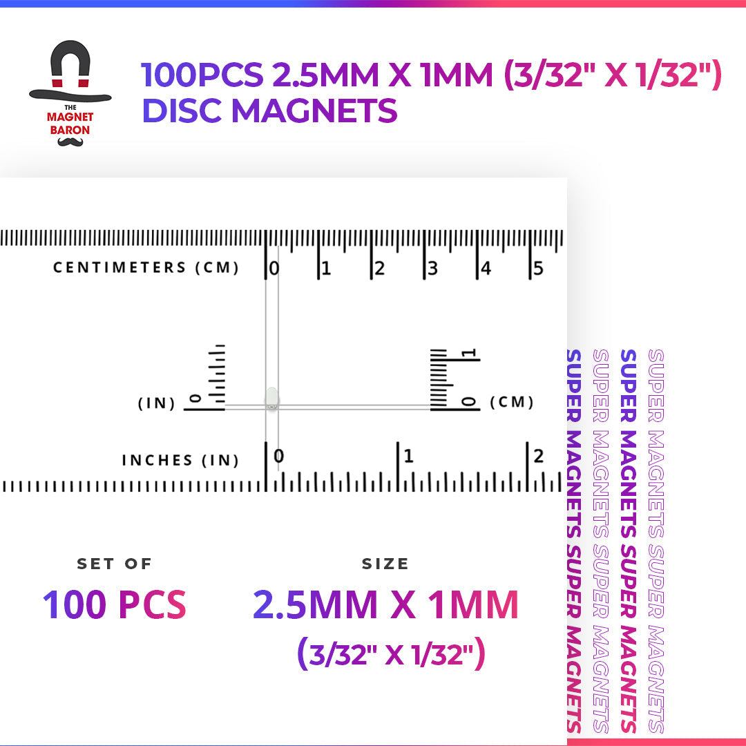 100pcs 2.5mm x 1mm (Approximately 3/32" x 1/32") Disc Magnets