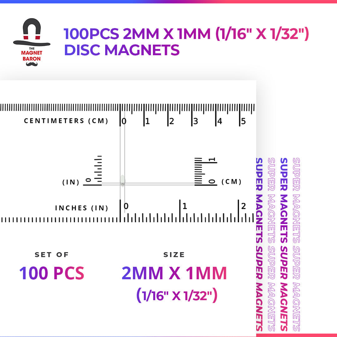 100pcs 2mm x 1mm (1/16" x 1/32") Disc Magnets