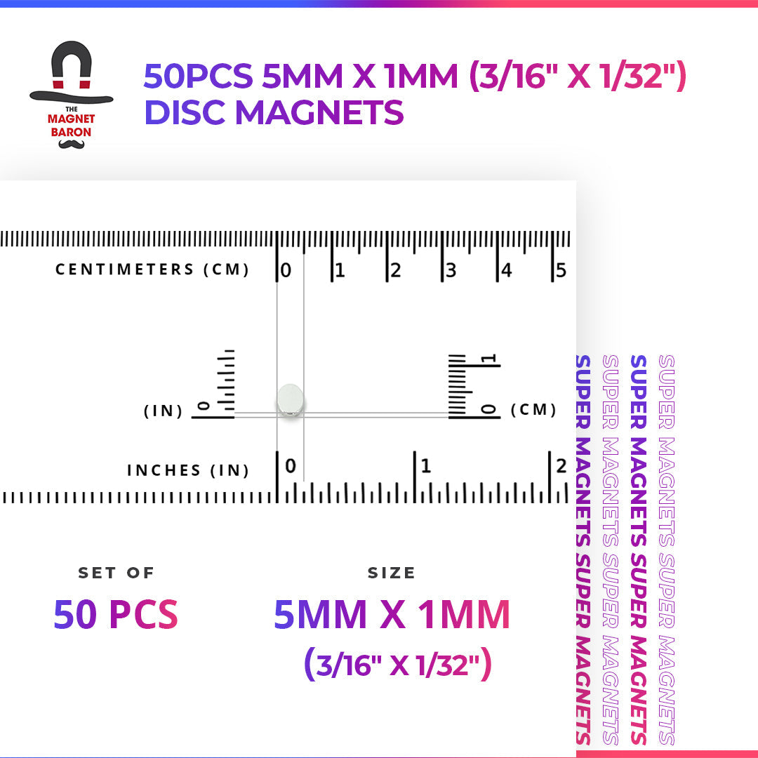 50pcs 5mm x 1mm (Approximately 3/16" x 1/32") Disc Magnets