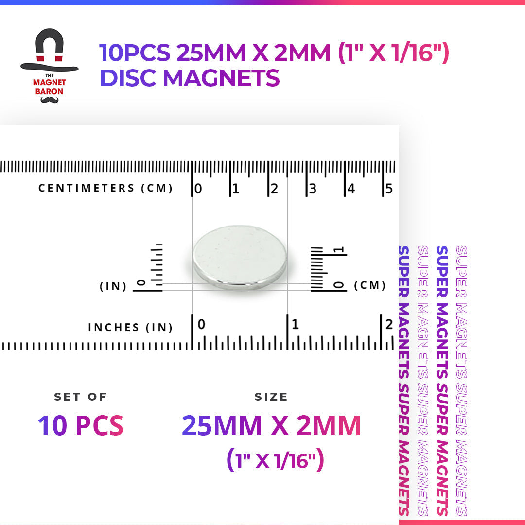 10pcs 25mm x 2mm (1" x 1/16") Disc Magnets