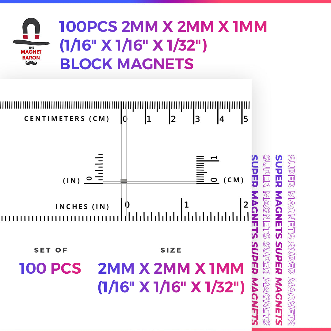 100pcs 2mm x 2mm x 1mm (Approximately 1/16" x 1/16" x 1/32") Block Magnets