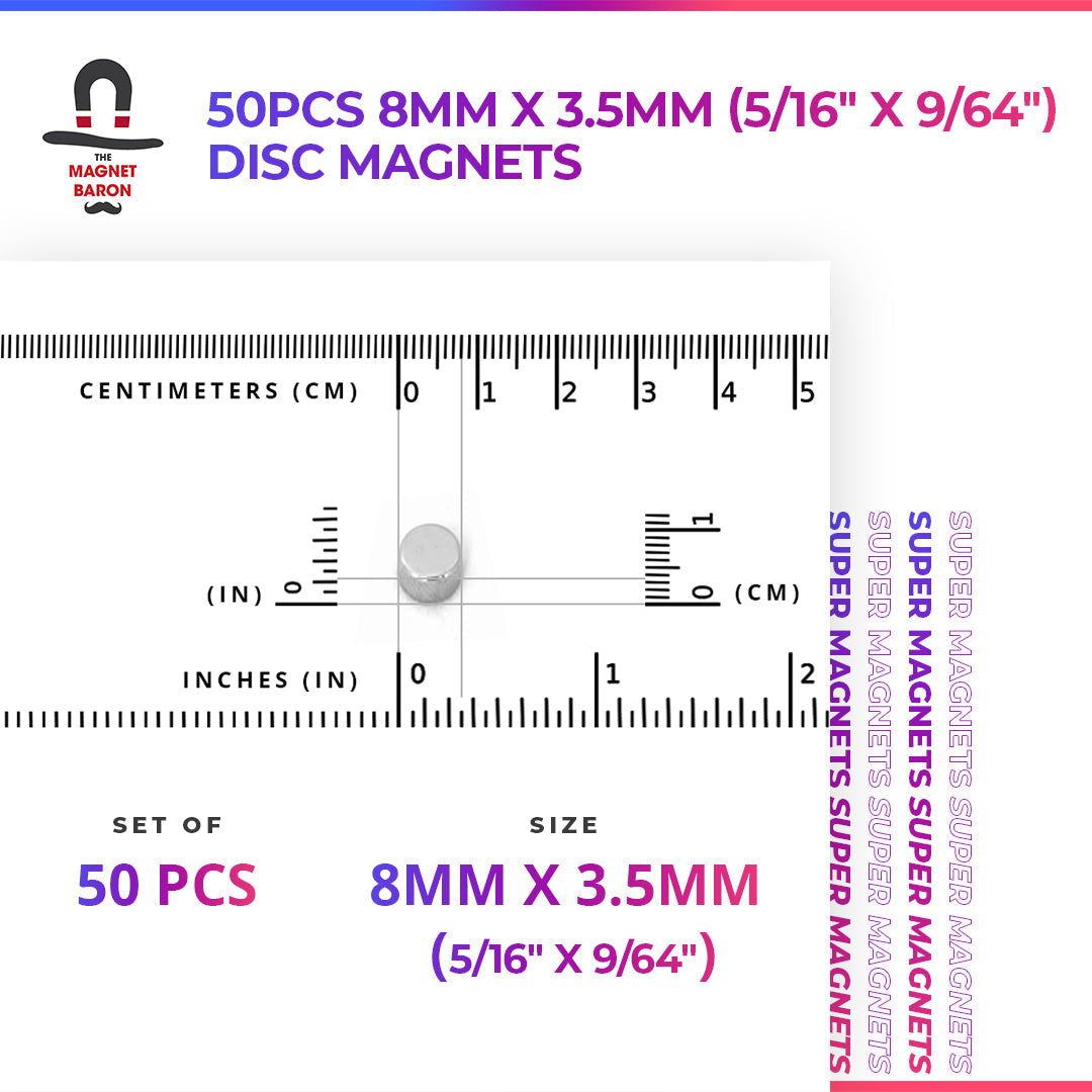 50pcs 8mm x 3.5mm (Approximately 5/16" x 9/64") Disc Magnets