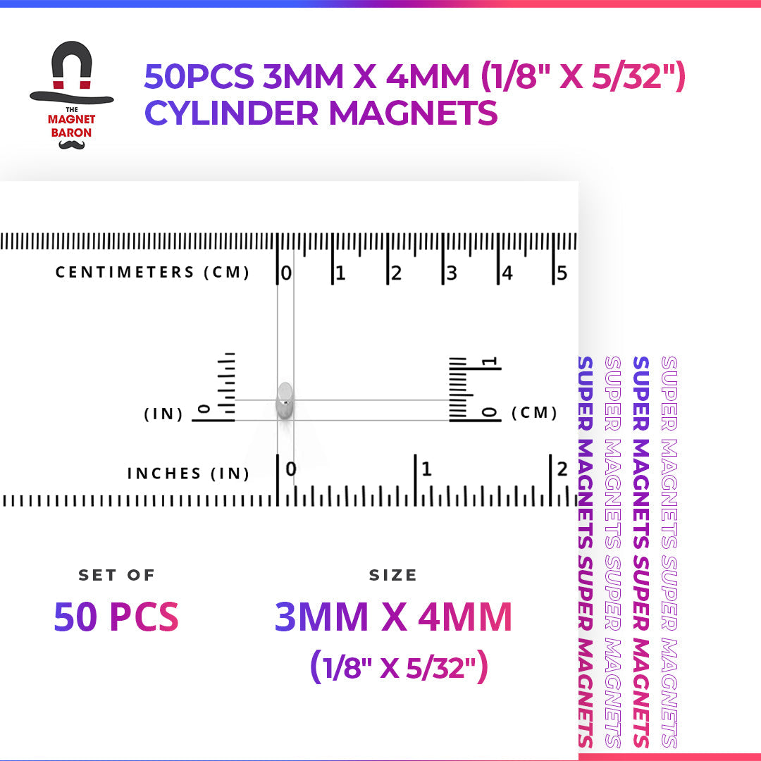 Special - Diametrically Magnetized - 50pcs 3mm x 4mm (1/8" x 5/32") Cylinder Magnets