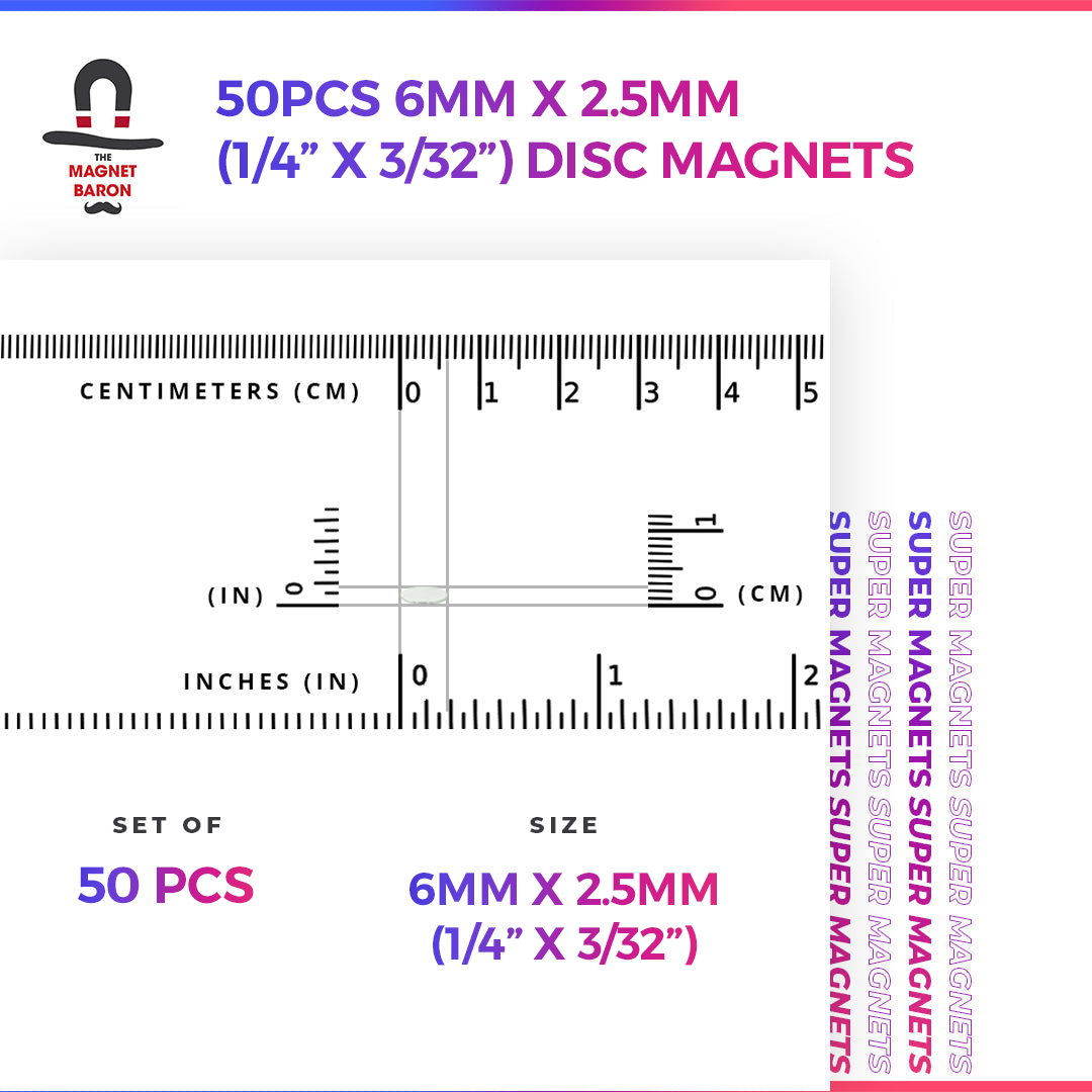 50pcs 6mm x 2.5mm (1/4" x 3/32") Disc Magnets