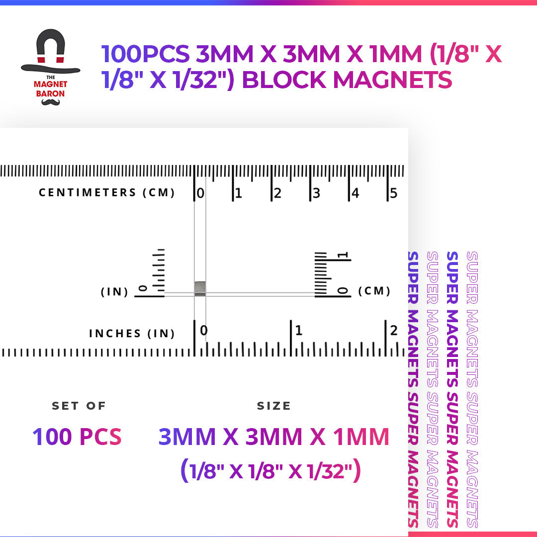 100pcs 3mm x 3mm x 1mm (Approximately 1/8” x 1/8” x 1/32”) Block Magnets