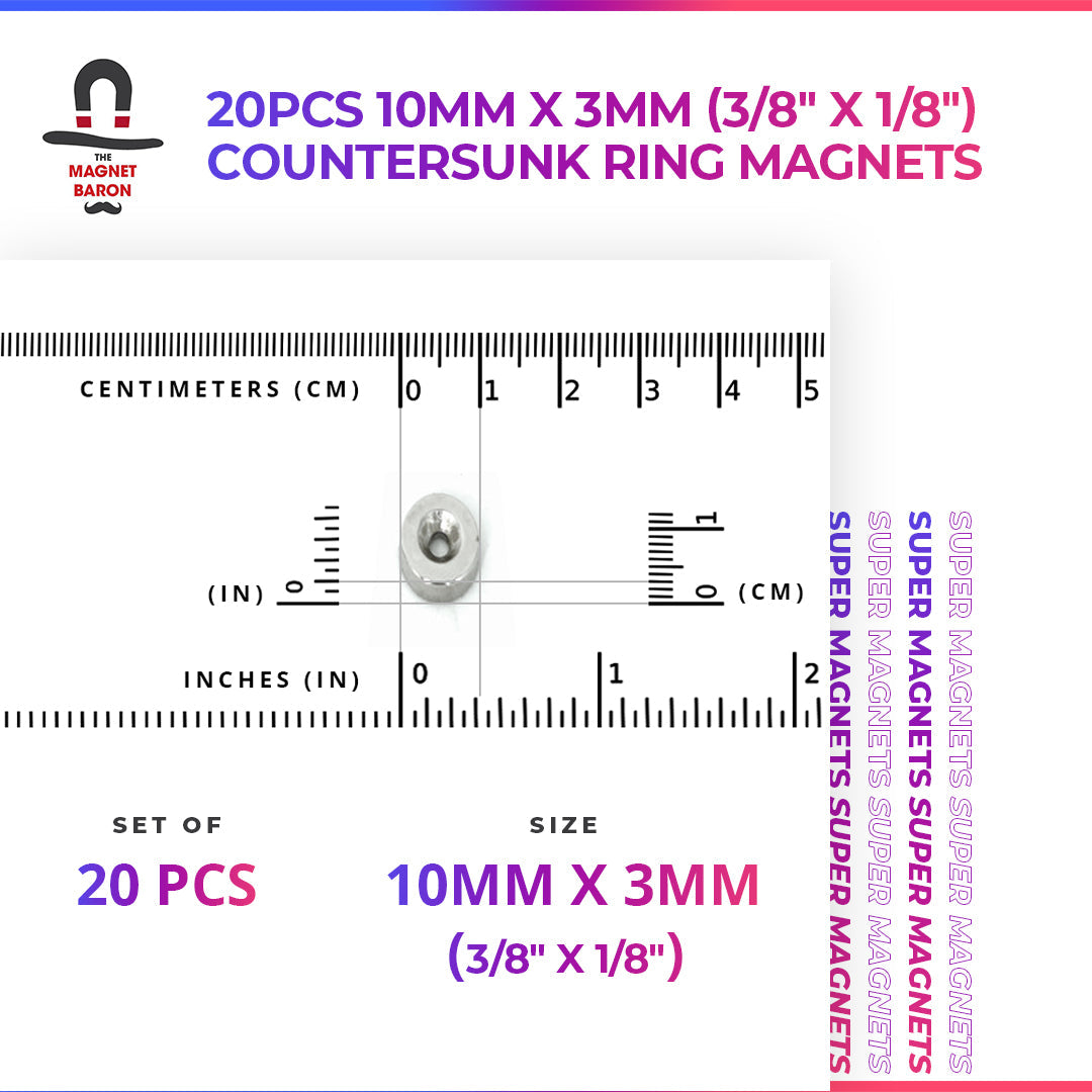 20pcs 10mm x 3mm (3/8" x 1/8") Countersunk Ring Magnets