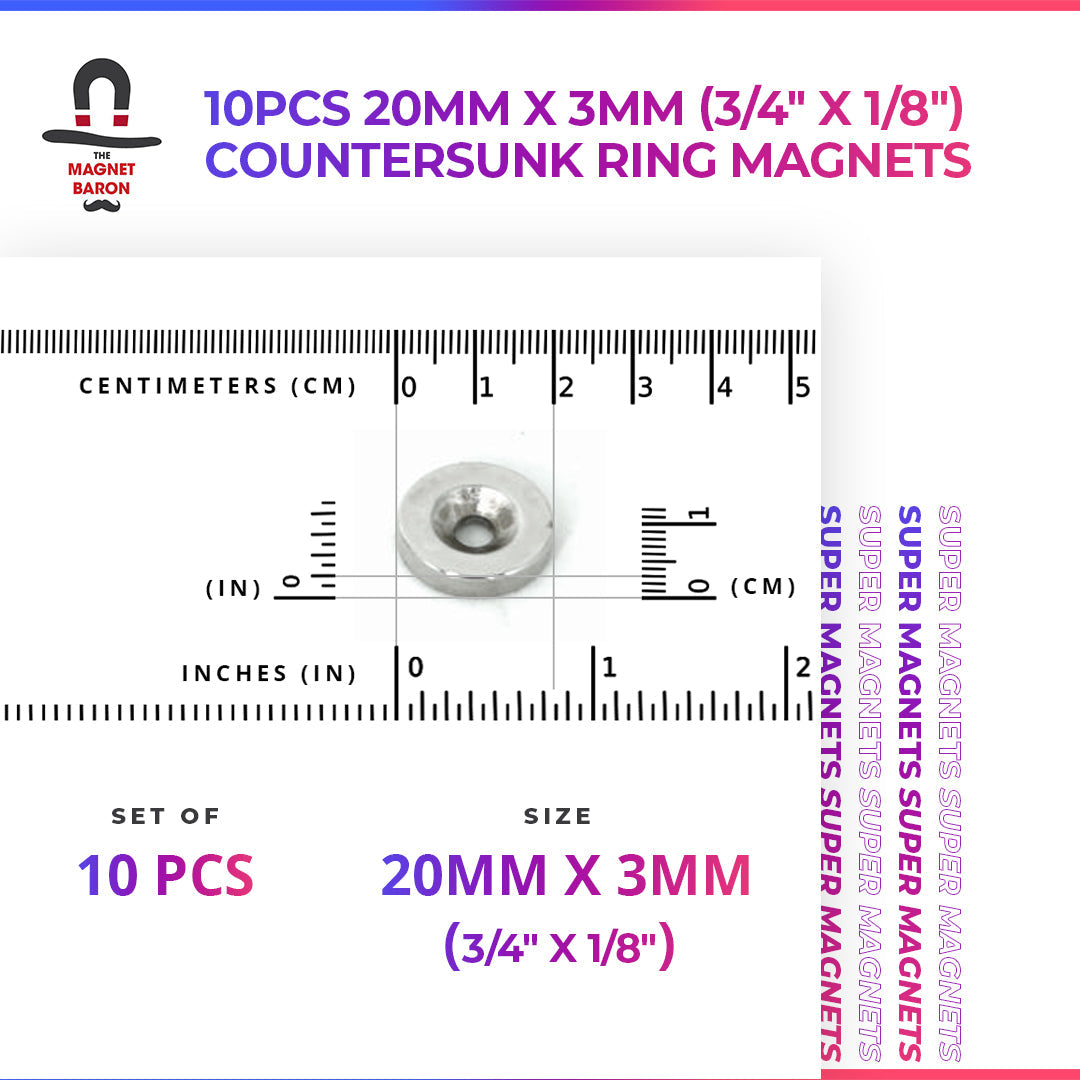 10pcs 20mm x 5mm (3/4" x 3/16") Countersunk Ring Magnets