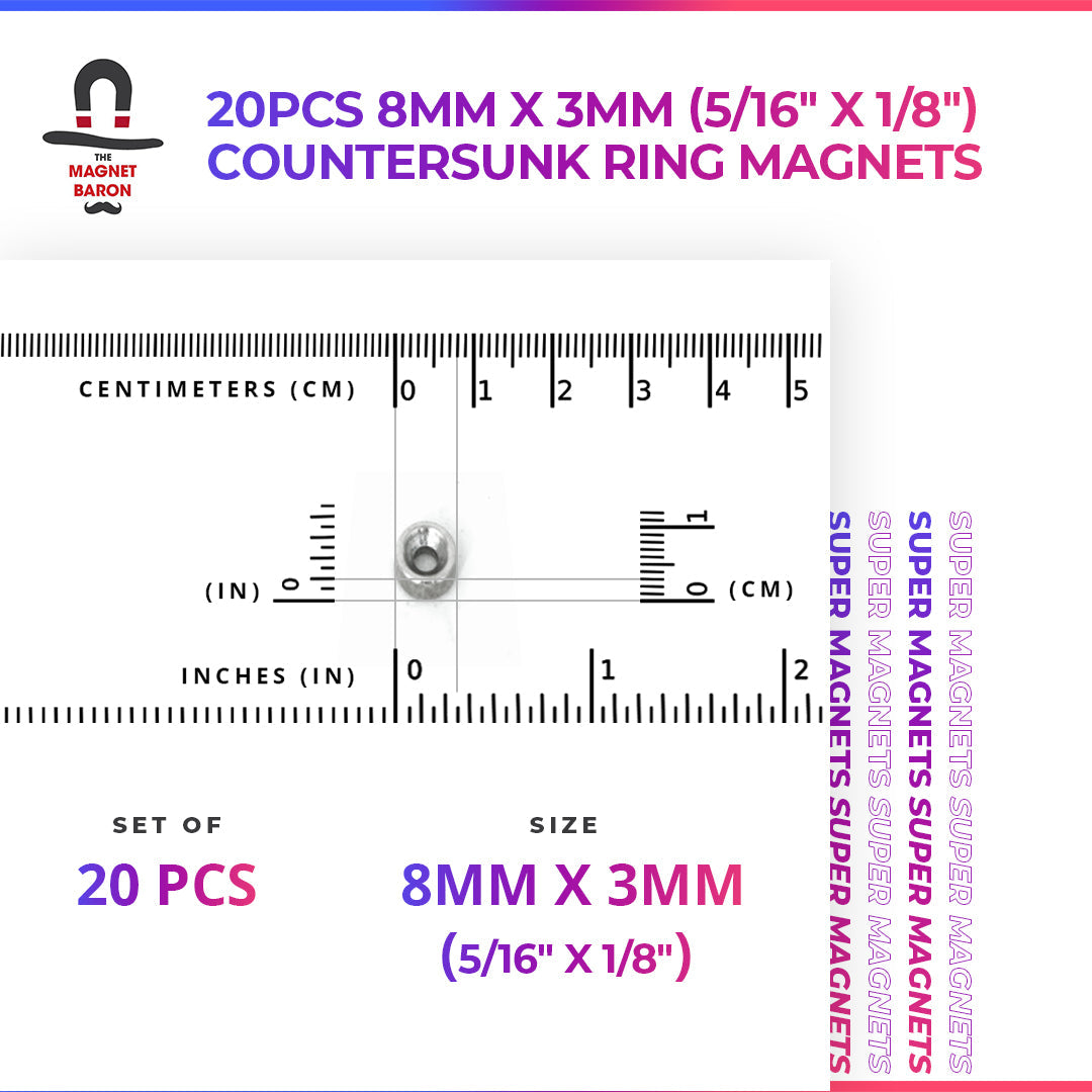 20pcs 8mm x 3mm (Approximately 5/16" x 1/8") Countersunk Ring Magnets