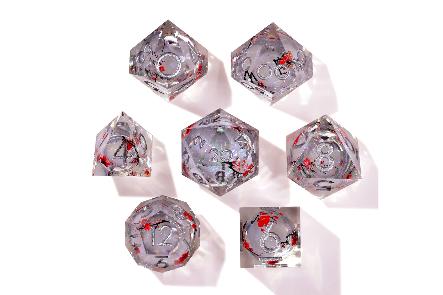 Winter Cherry Blossom Liquid Core RPG Dice Set - 7 Pieces