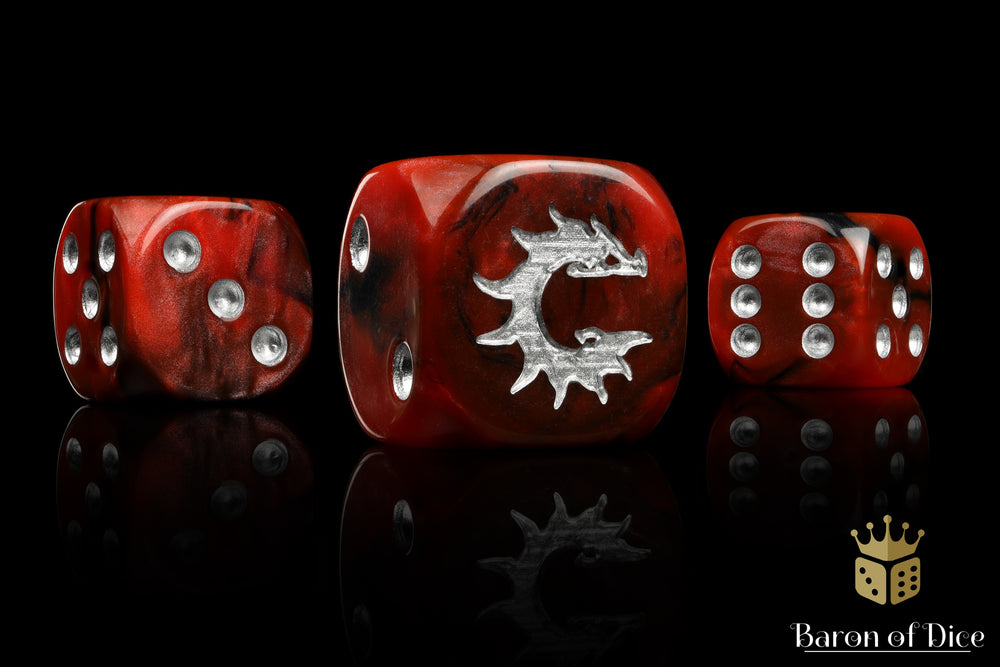 Hundred Kingdom Faction Dice on Red swirl